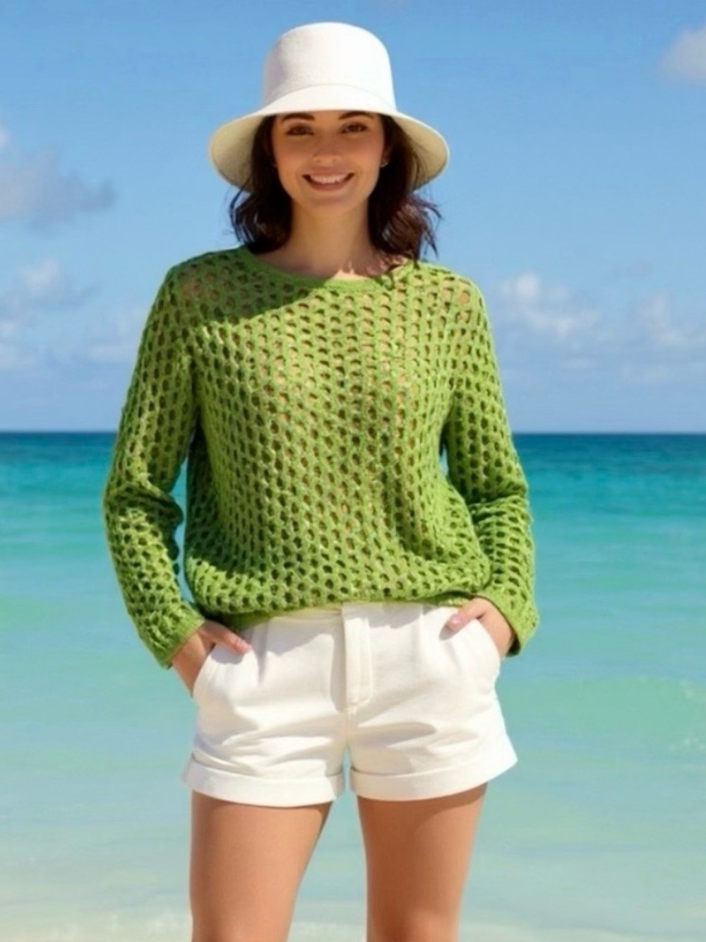 Newport News Vintage Vibrant Y2K Green Open-Knit Hollow Out Crochet Sweater SZ S
